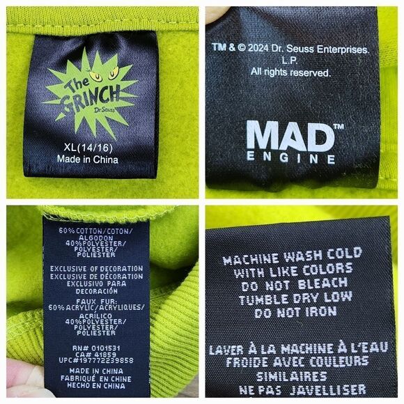 🔸️NWT The Grinch Green Zippered Hoodie Sweatshirt Youth XLarge - Picture 11 of 11